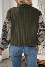 Back view of Women's Green Plaid Corduroy Fleece Jacket showcasing solid green ribbed corduroy fabric and patterned sleeves.