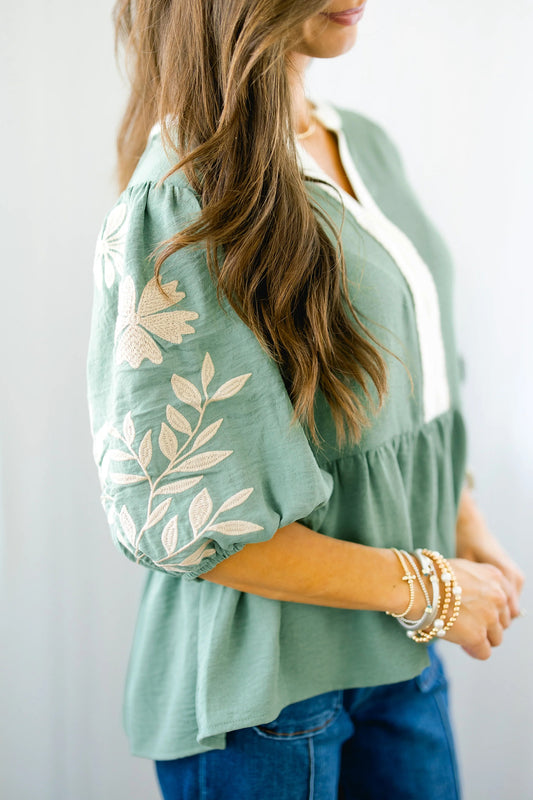 Smoke Green Embroidered Sleeve Tiered Blouse