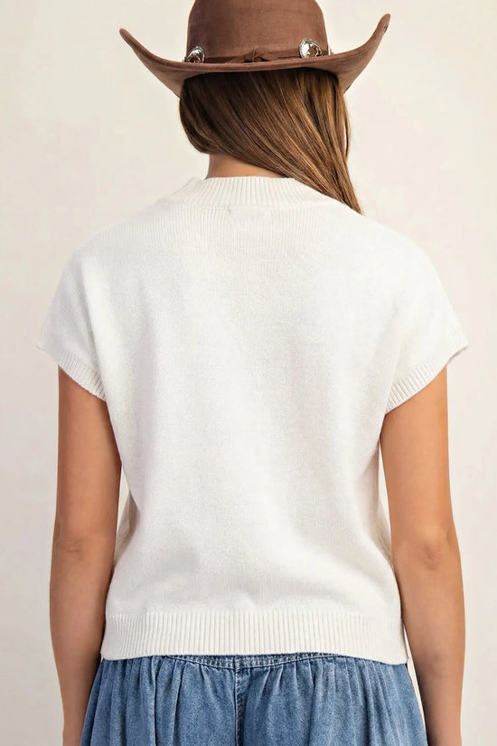 Corded horseshoe western sweater ribbed mock neck short sleeve loose knit sweaters
