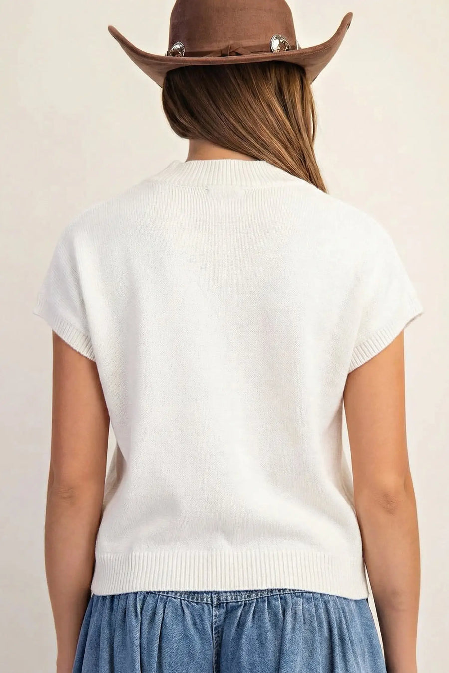 Corded horseshoe western sweater ribbed mock neck short sleeve loose knit sweaters