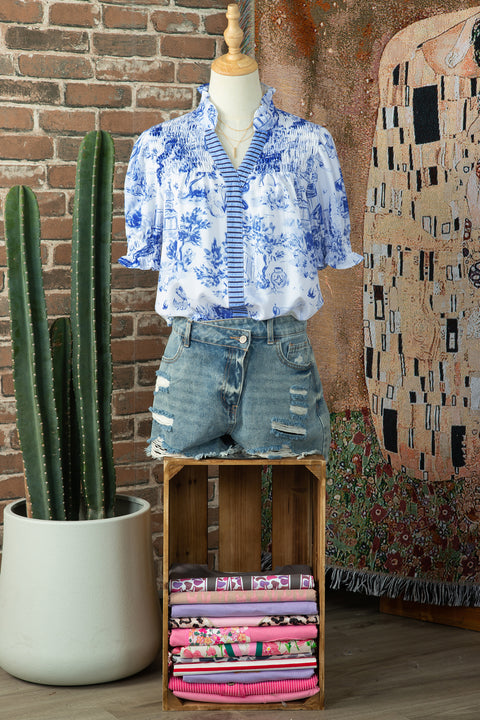 Animal paradise print striped panel gathered blouse front view — Fashionfitz UK