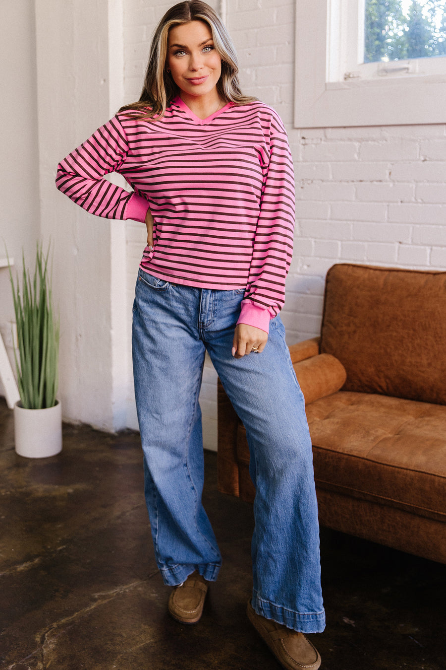 Pink Stripe V-Neck Drop Shoulder Long Sleeve Top Women UK