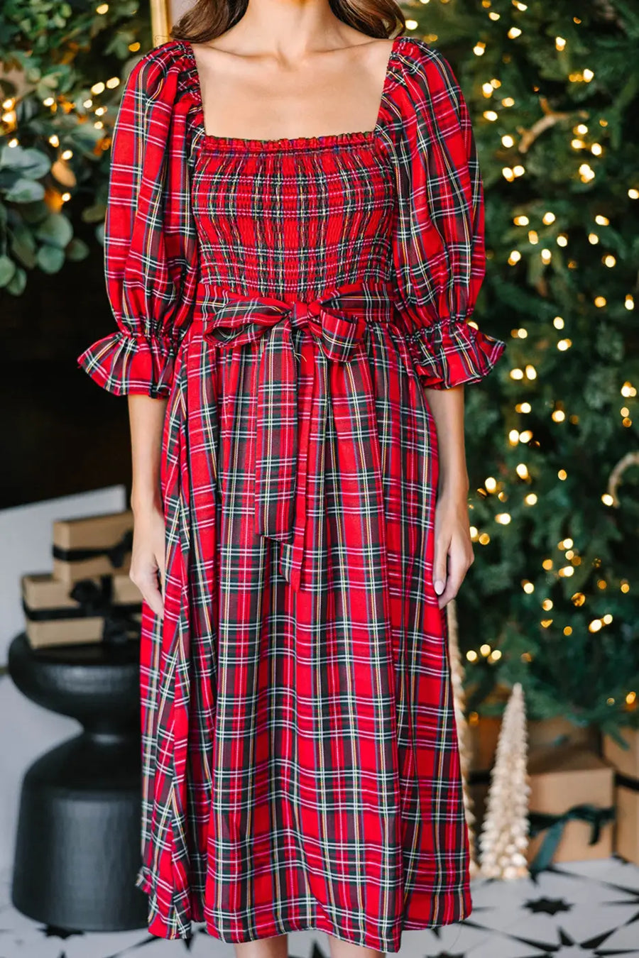 Red green tartan plaid flared midi dress dresses
