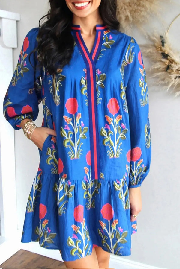 Sky Blue Floral Contrast Striped Notched Neck Dress Women UK — front view