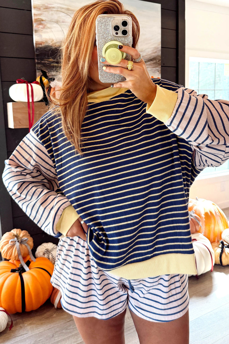 Stripe Colour Block Ribbed Knit Shorts Set