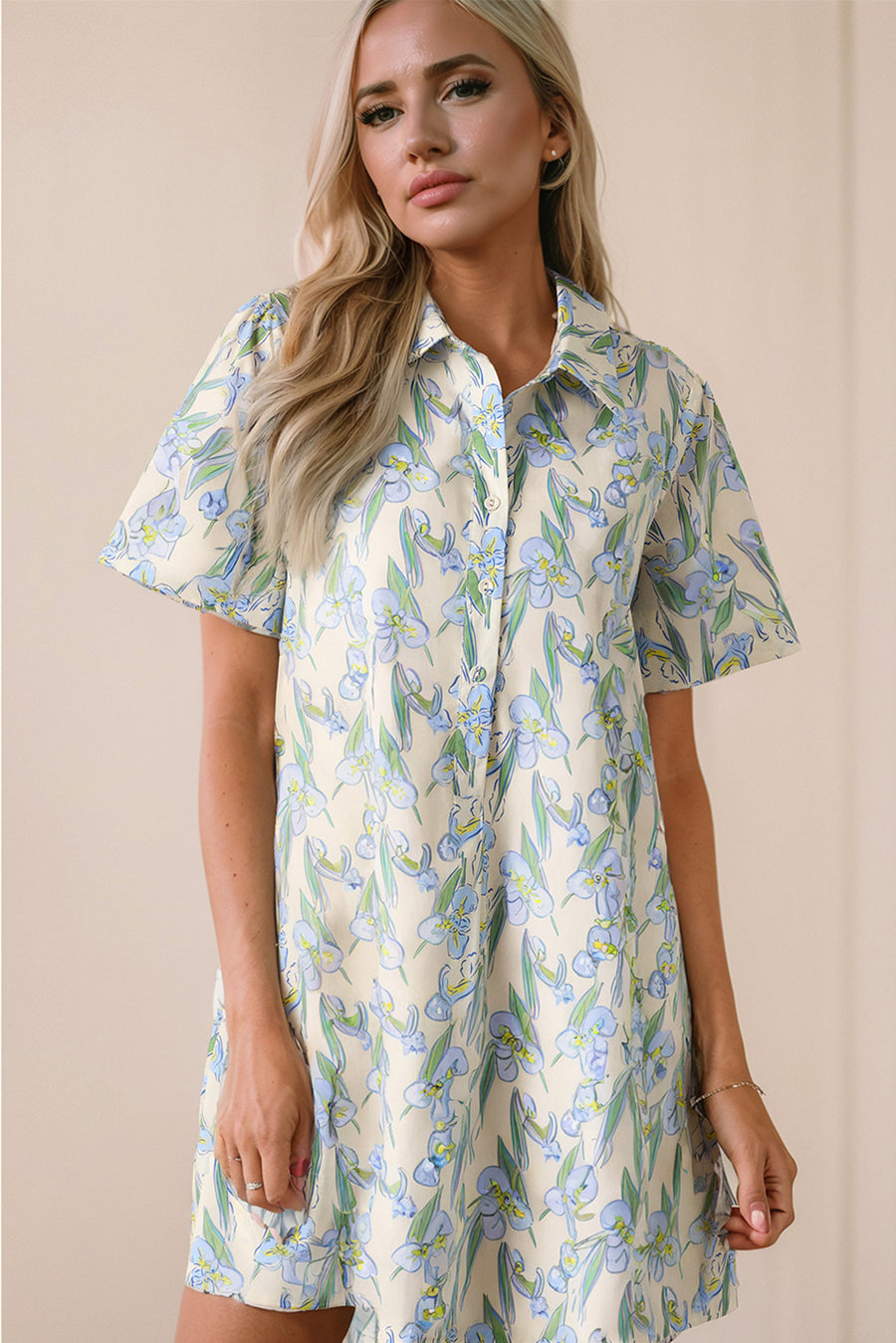 Green Floral Shirt Collar Buttoned Short Sleeve Shift Dress Women UK