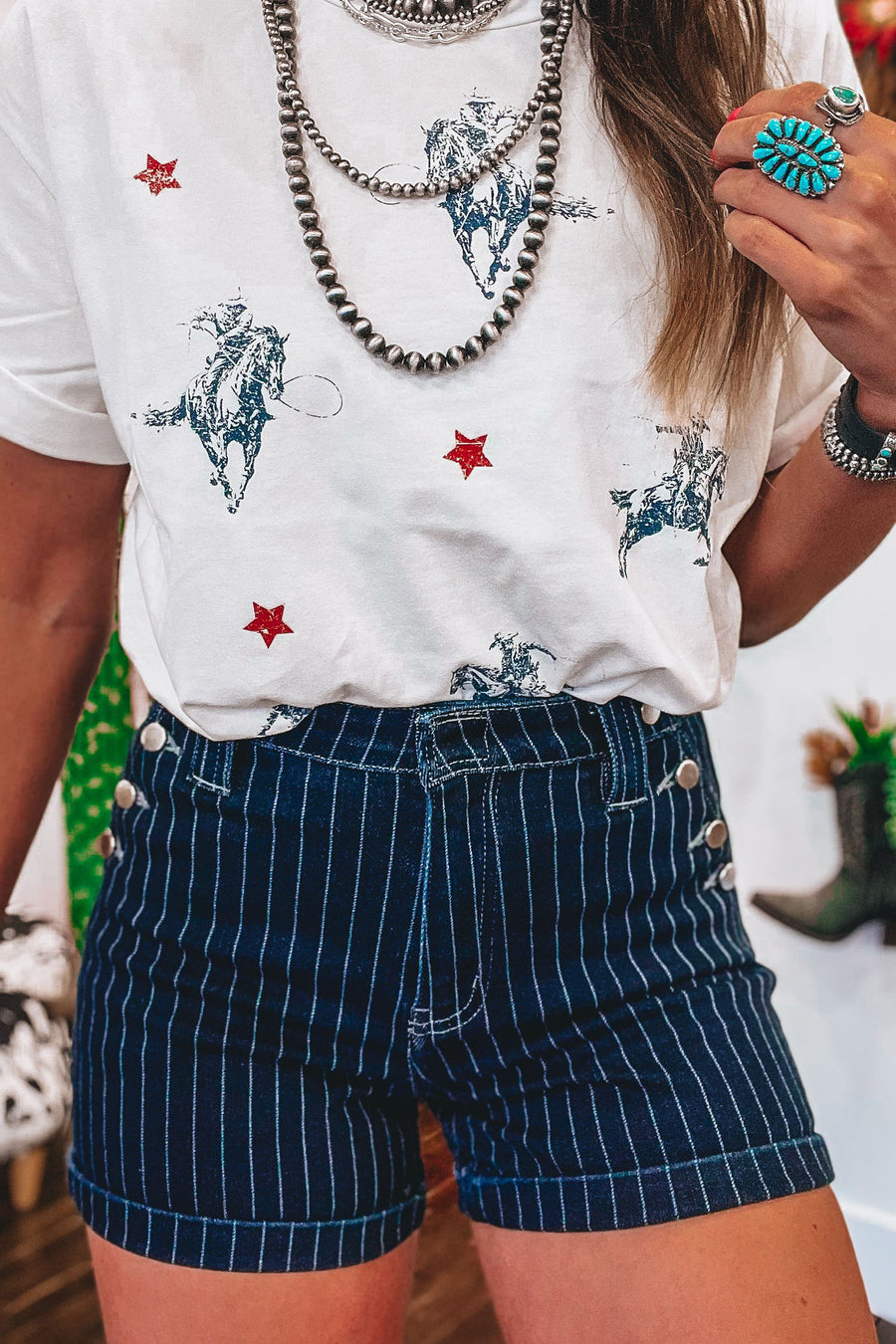 Metal button fly and waistband detail on striped high waist denim shorts — Fashionfitz UK