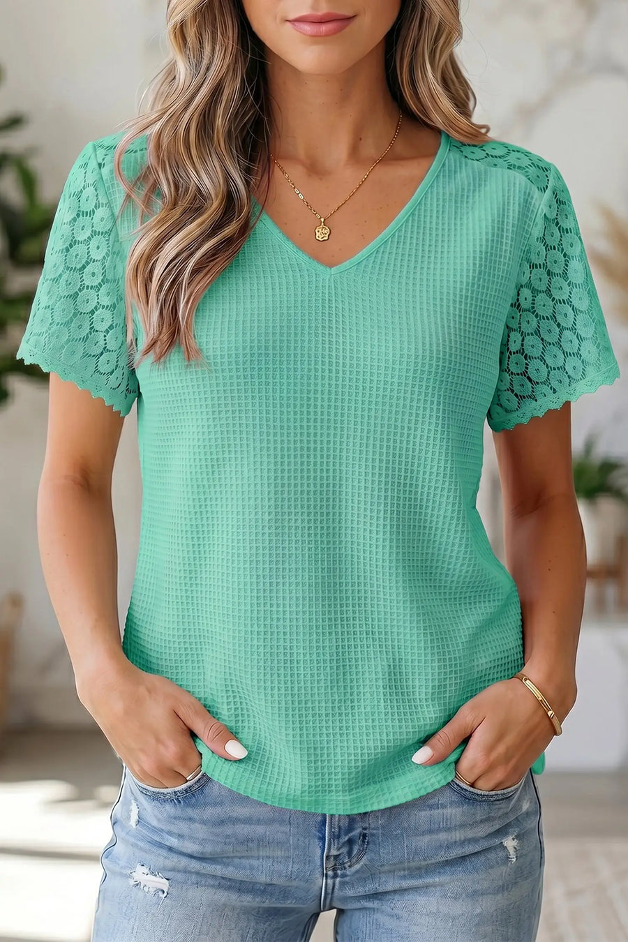 Lace splicing blouse women UK — textured waffle knit fabric close-up