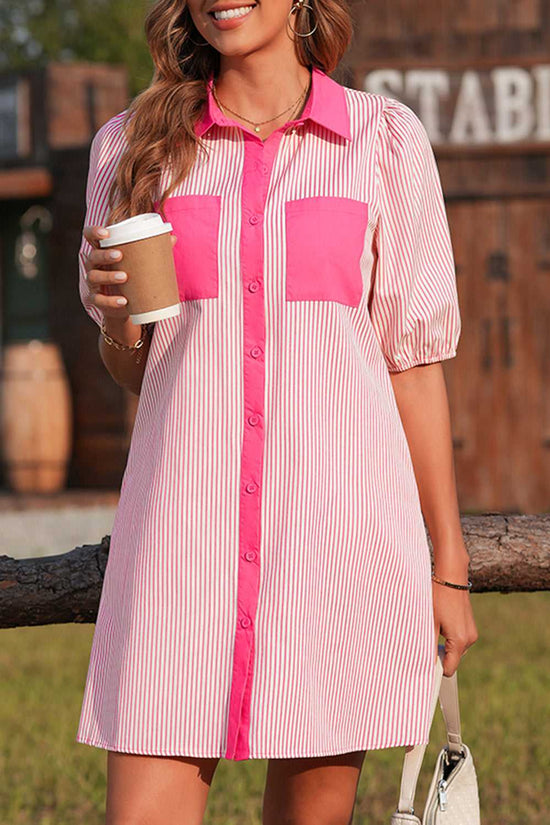 Front view of pink striped puff sleeve mini dress with hot pink accents, styled for a casual day out with a feminine touch.