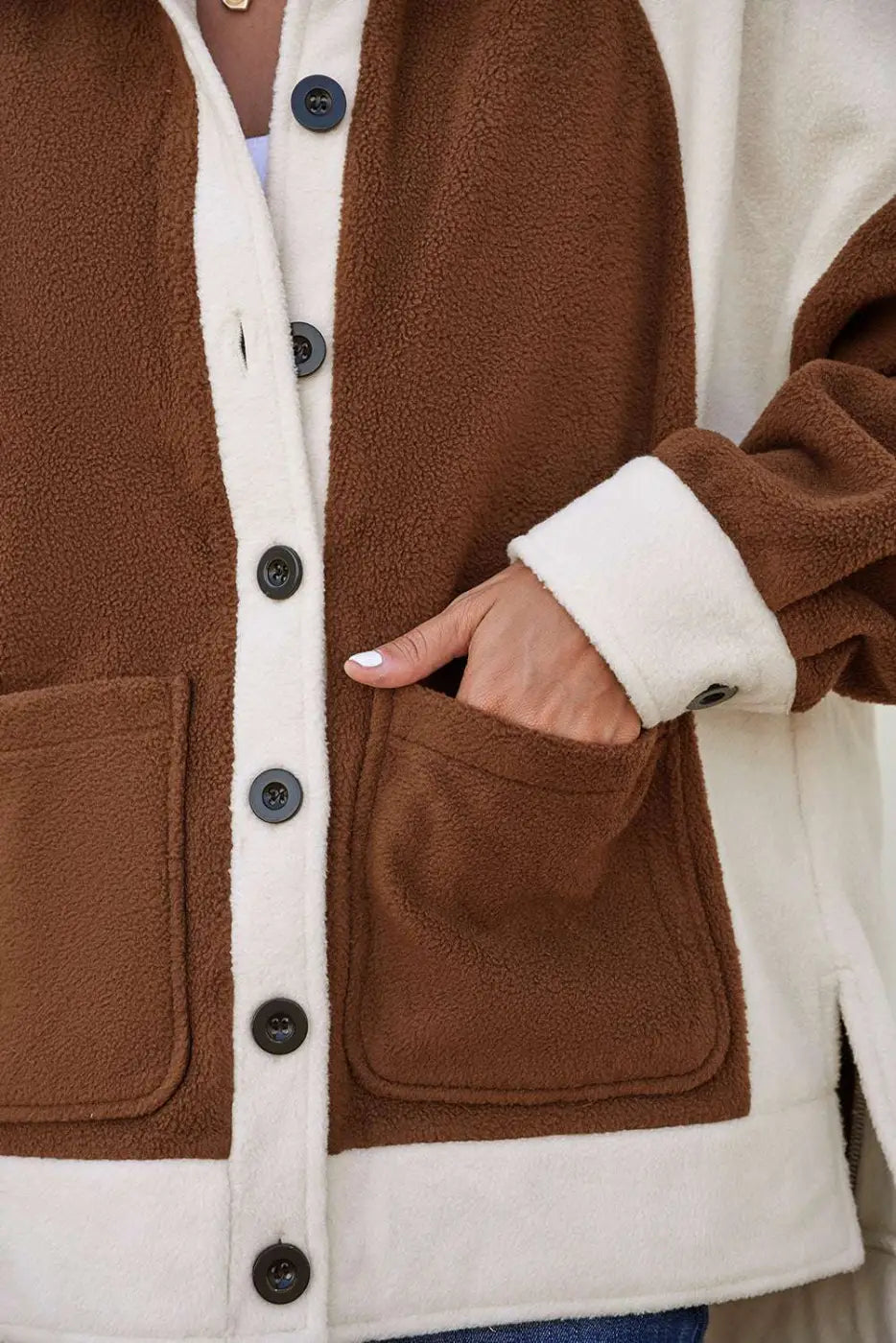 Close-up of front pocket and button details on Ladies Brown Panels Fleece Shacket Winter Casual, emphasizing fleece texture and craftsmanship.