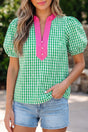 Gingham Plaid Bubble Sleeve Colourblock Blouse Women UK
