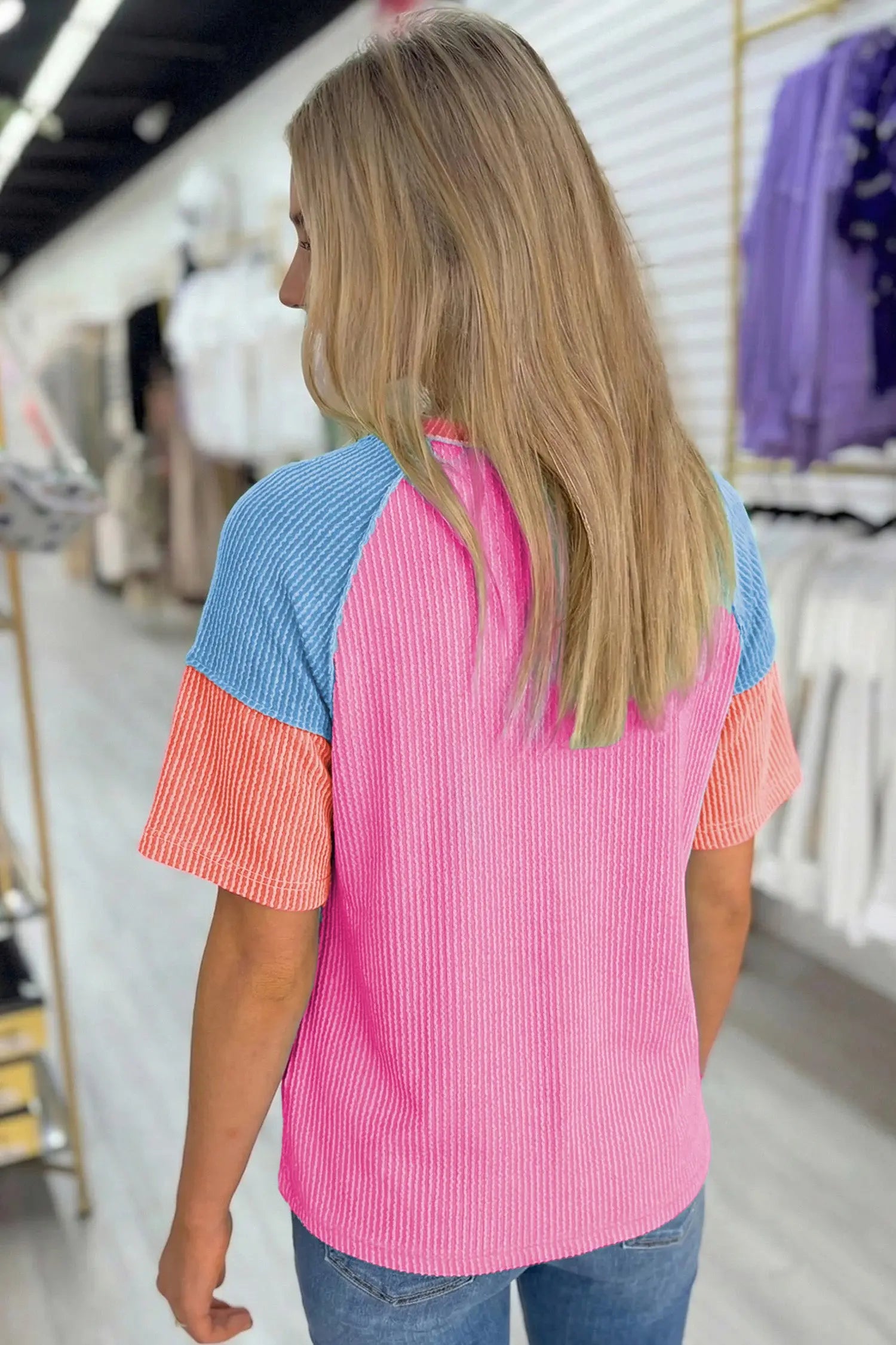 Rose red color block twisted ribbed tee