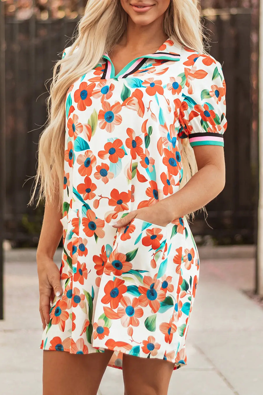 Orange Floral Contrast Trim Puff Sleeve Tiered Mini Dress Women UK