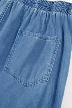 Detail view of back pocket on Plus Size Blue Denim Joggers, showcasing stitching and soft denim fabric for casual plus size fashion.