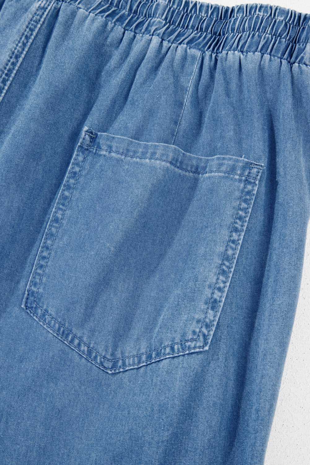 Detail view of back pocket on Plus Size Blue Denim Joggers, showcasing stitching and soft denim fabric for casual plus size fashion.