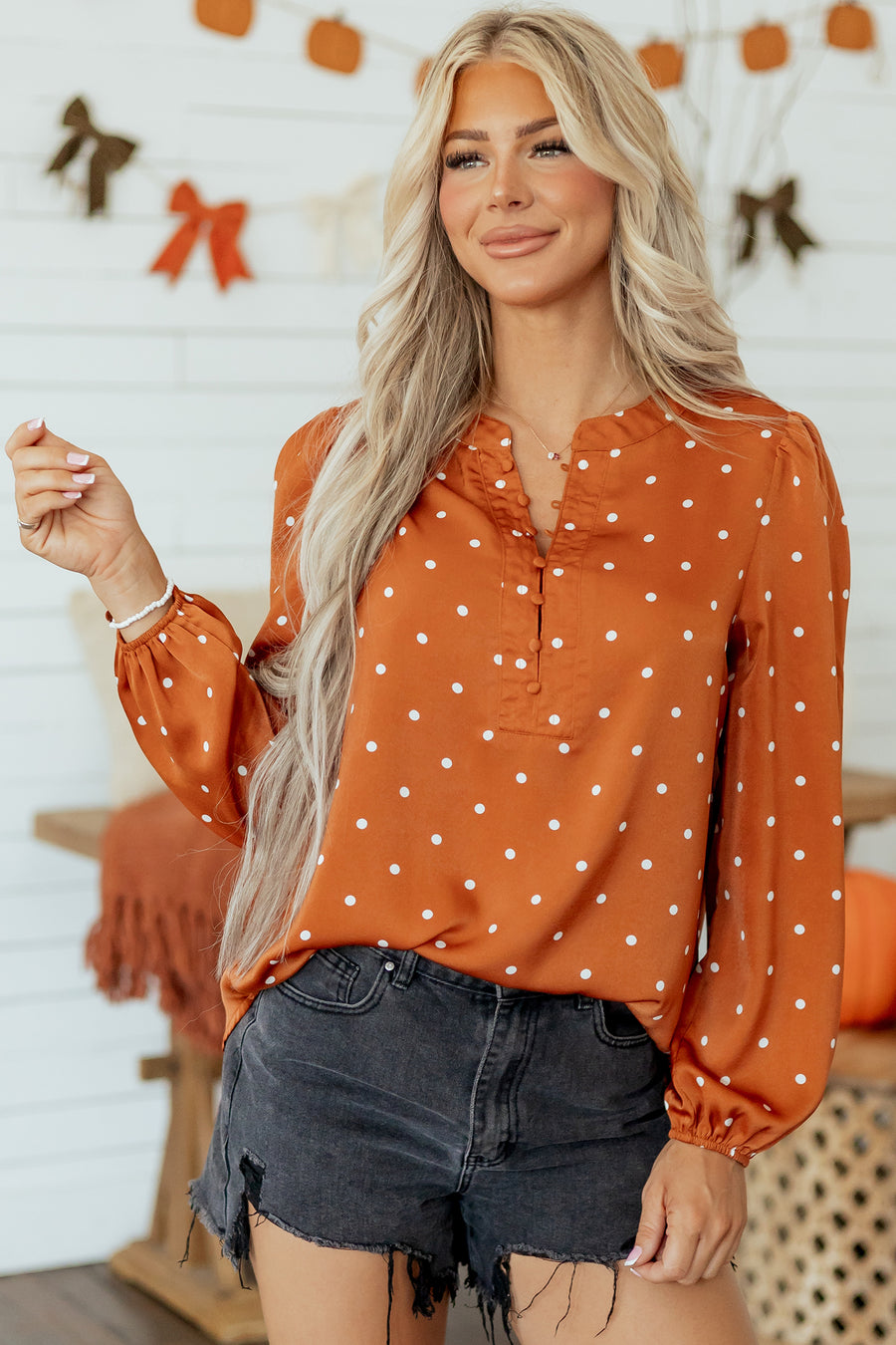 Brown Polka Dot Half Button V-Neck Long Sleeve Blouse Women UK