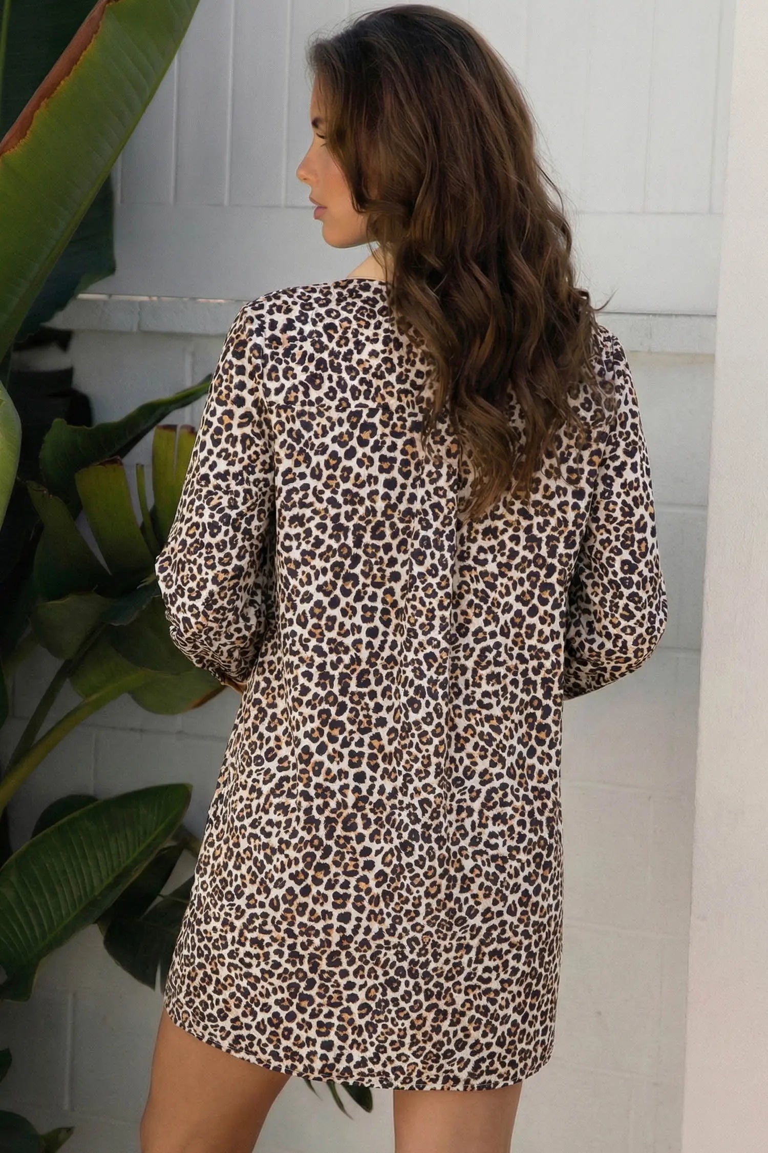 Khaki button striped collar leopard print long sleeve flared dress