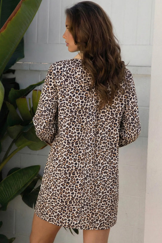 Khaki button striped collar leopard print long sleeve flared dress