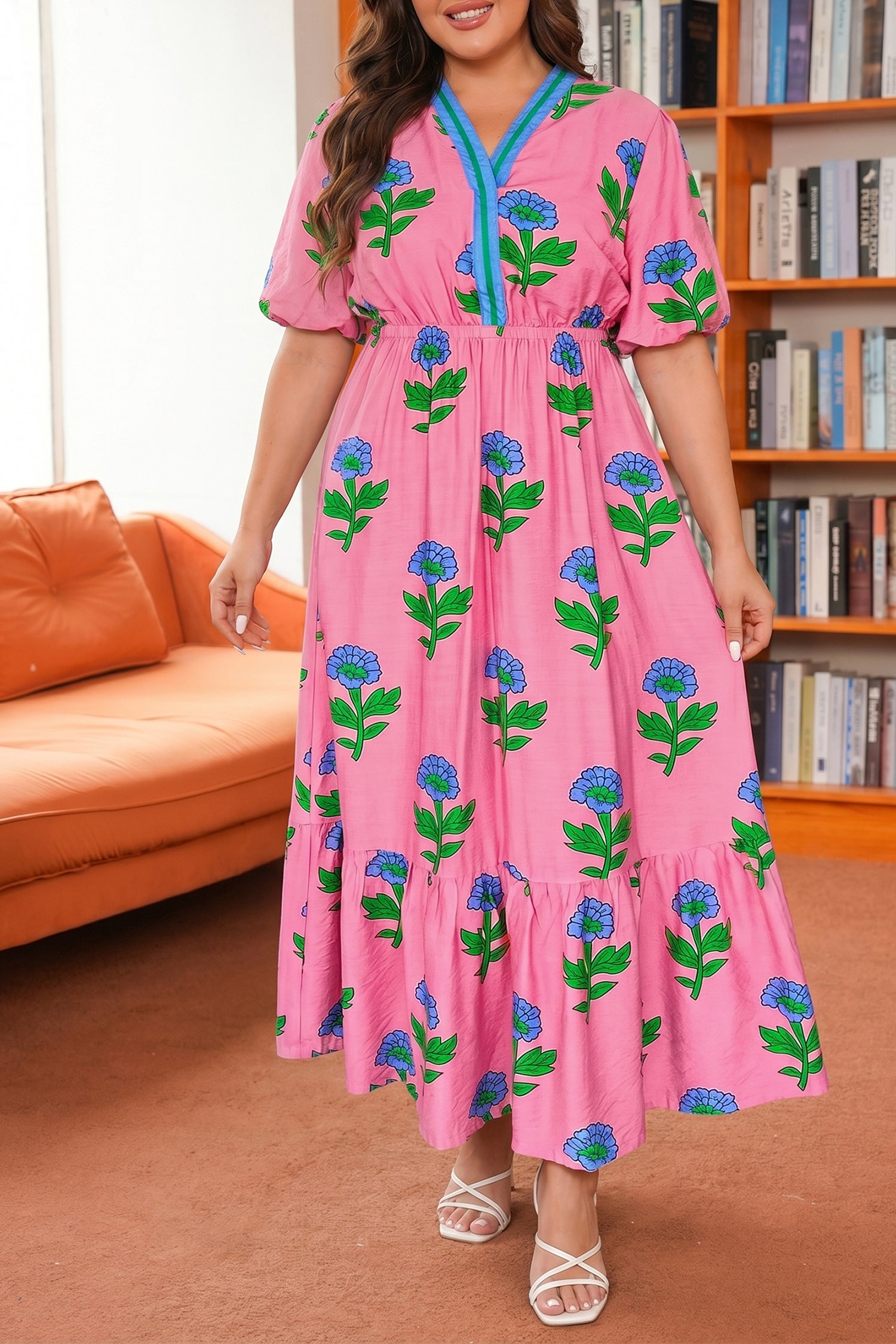 Plus Size Floral Striped V-Neck Puff Sleeve Ruffle Tiered Maxi Dress