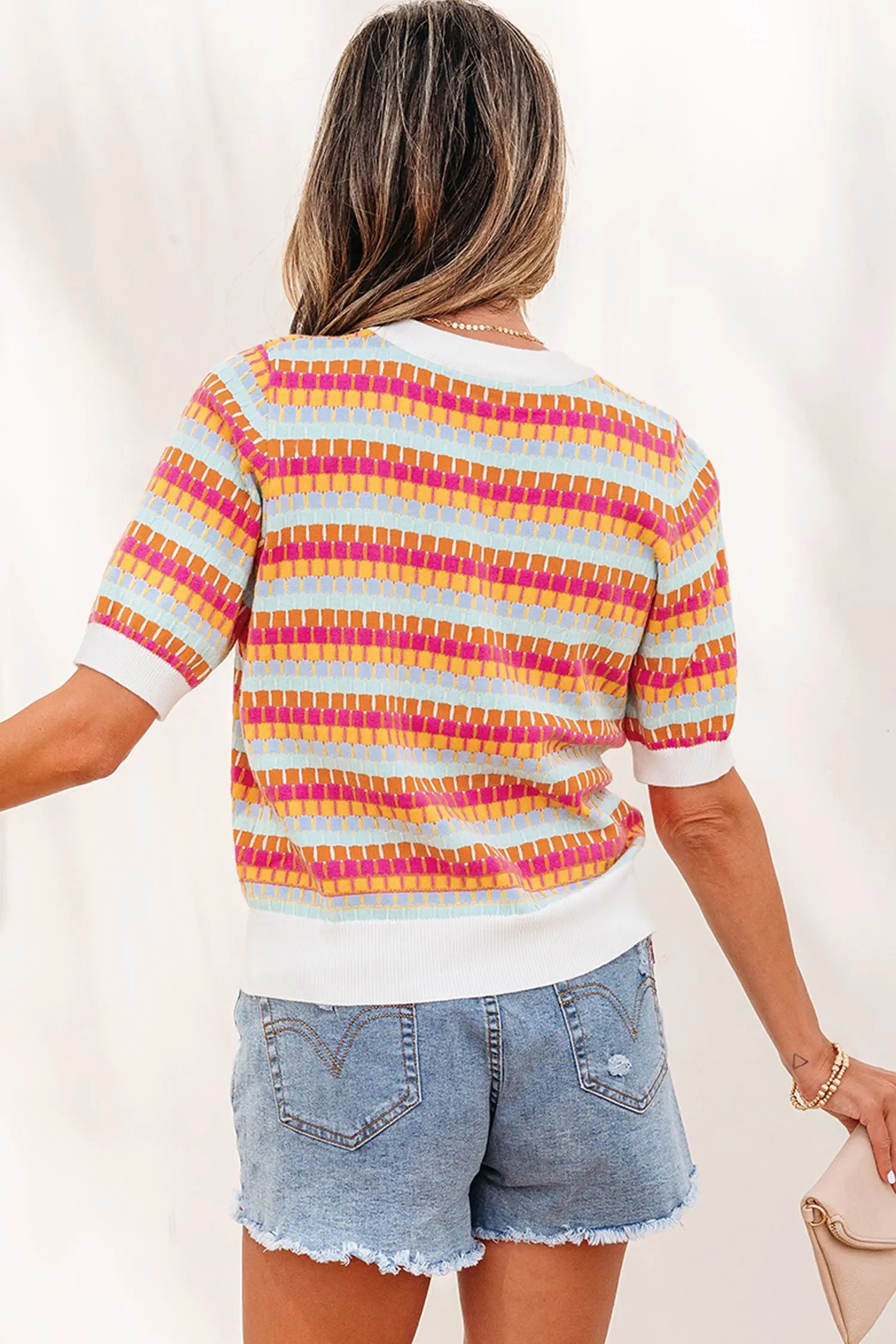 Abstract striped knit short sleeve sweater sweaters