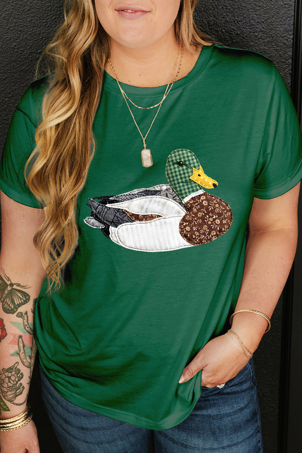 Woman wearing mallard duck faux patchwork plus size graphic tee