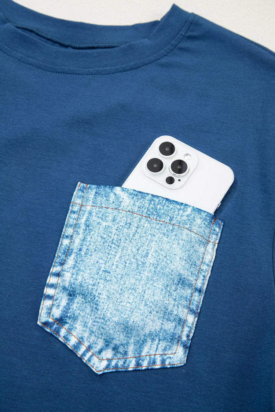 Colour block patch pocket short sleeve top round neck tunic relaxed fit tunics