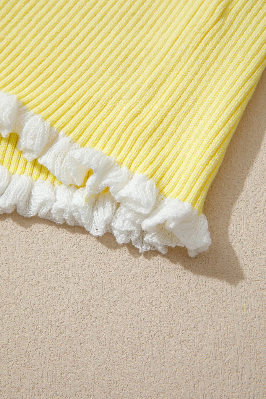 Ribbed Knit Contrast Frilled Short Sleeve Cardigan Women UK — lifestyle shot | Fashionfitz UK
