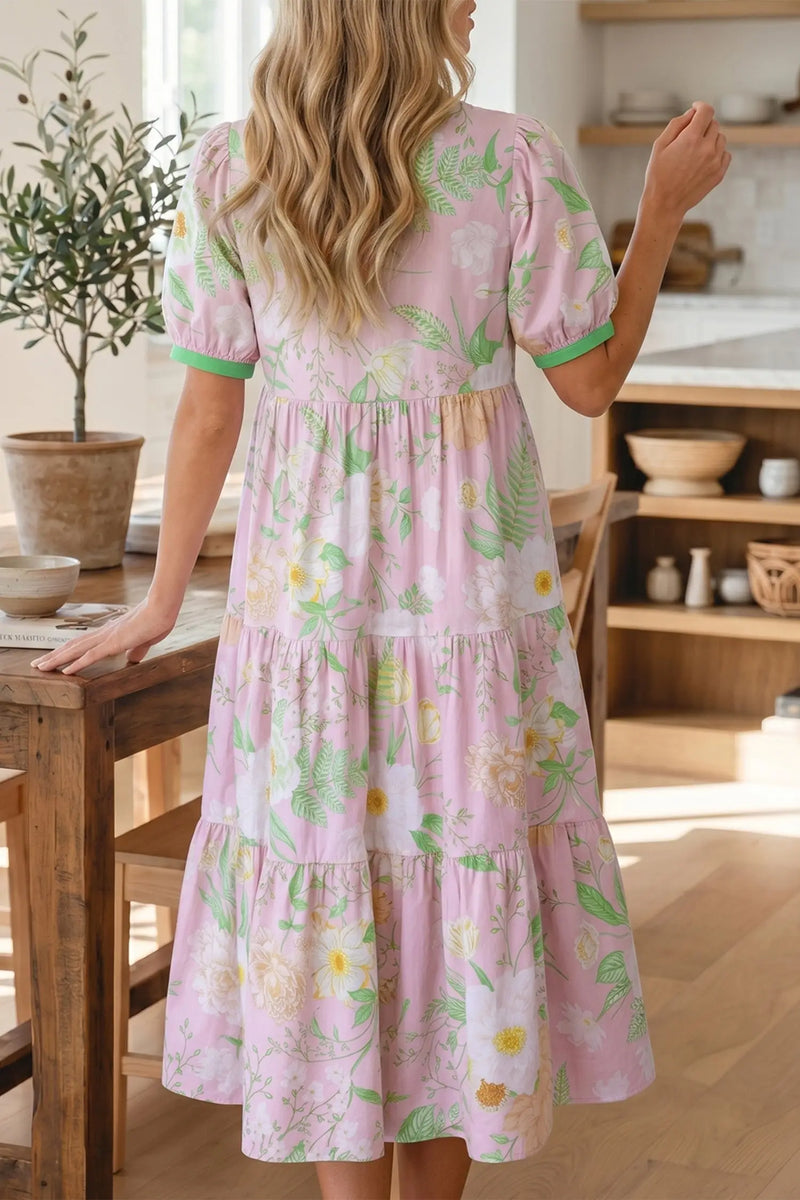 Pink Floral Puff Sleeve High Waist Tiered Maxi Dress Women UK