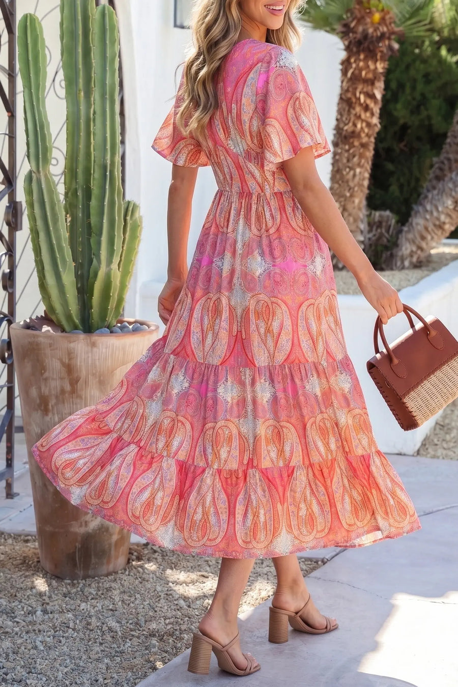 Multicolour Paisley V Neck Short Sleeve Boho Maxi Dress Women UK