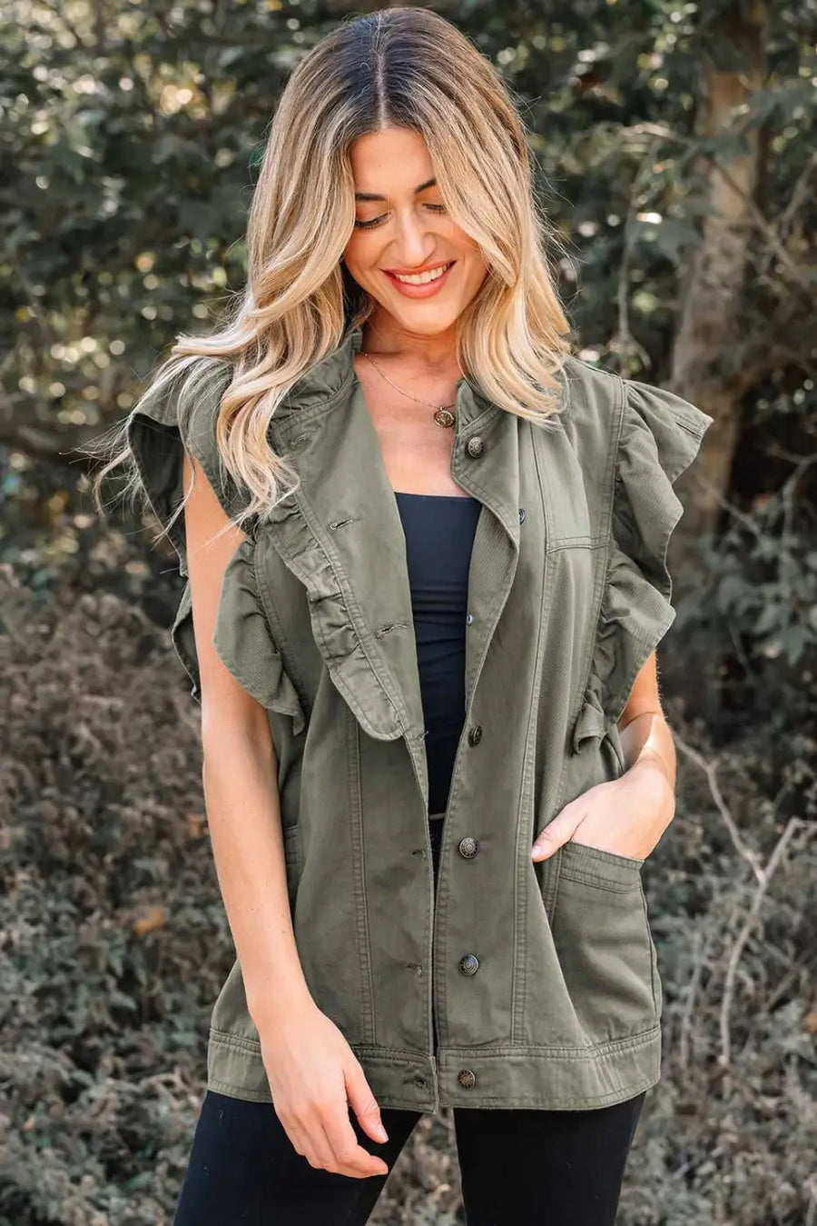 Green bay ruffled denim vest - women’s fashion trends