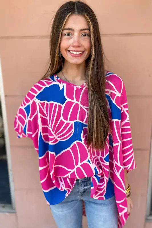 Baggy blouse - rose red floral print 3/4 sleeve v neck - tops/blouses & shirts