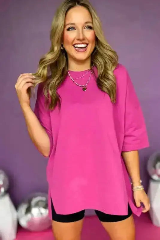 Side view of Baggy Oversized Drop Shoulder Longline Tee showing side split hem detail — Fashionfitz
