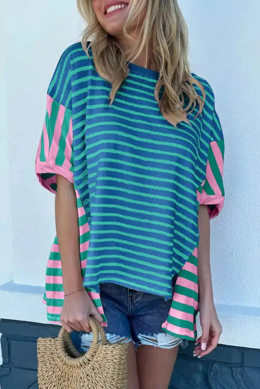 Baggy t-shirt - blue stripe color-block patchwork - s / 95% cotton + 5% elastane - t-shirts