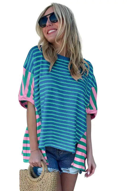 Baggy t-shirt - blue stripe color-block patchwork - t-shirts