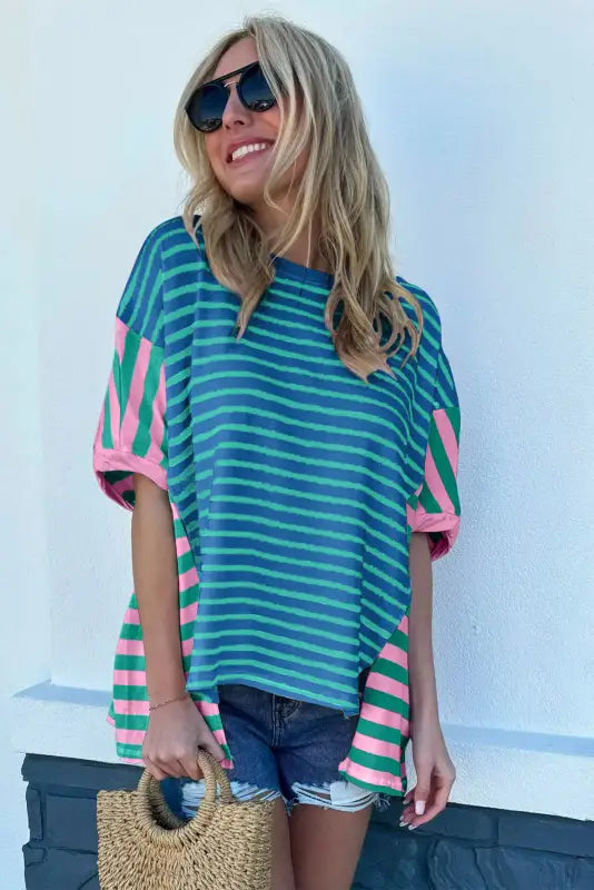 Baggy t-shirt - blue stripe color-block patchwork - t-shirts