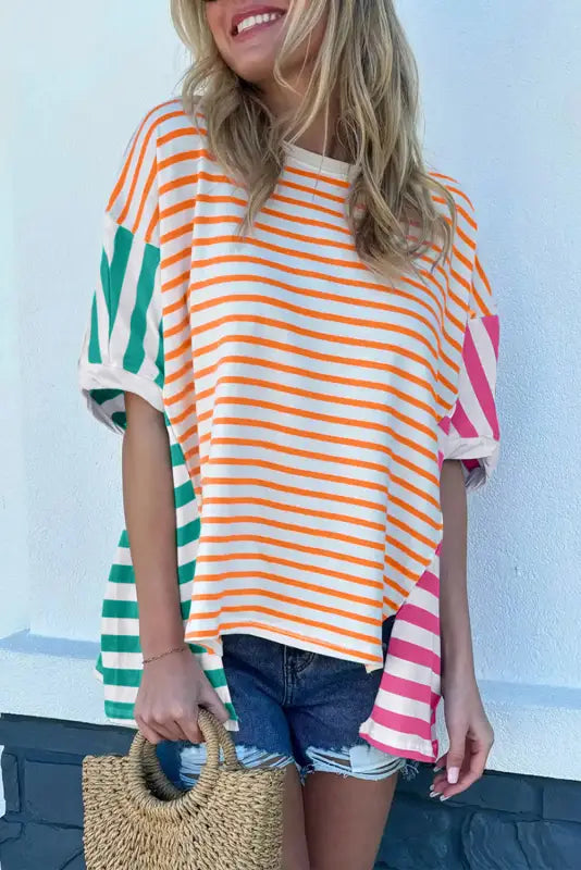 Baggy t shirt - stripe patchwork - orange / s / 95% cotton + 5% elastane - t-shirts