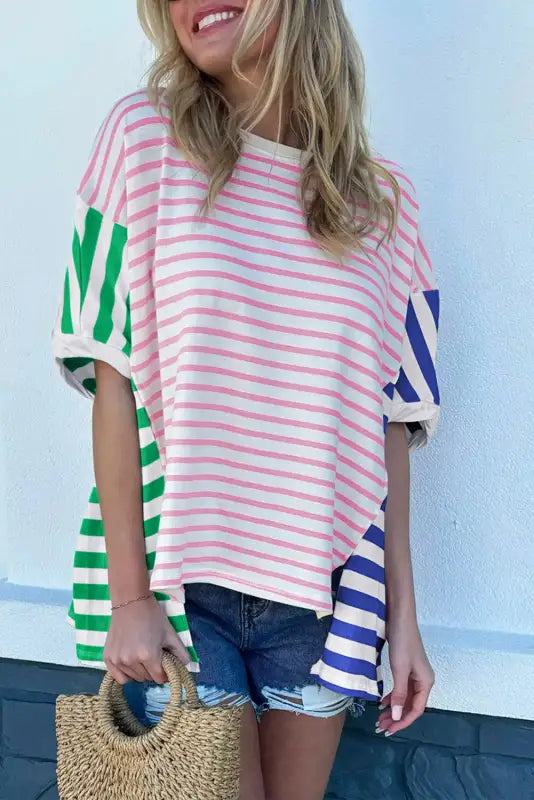 Baggy t shirt - stripe patchwork - multicolour / s / 95% cotton + 5% elastane - t-shirts