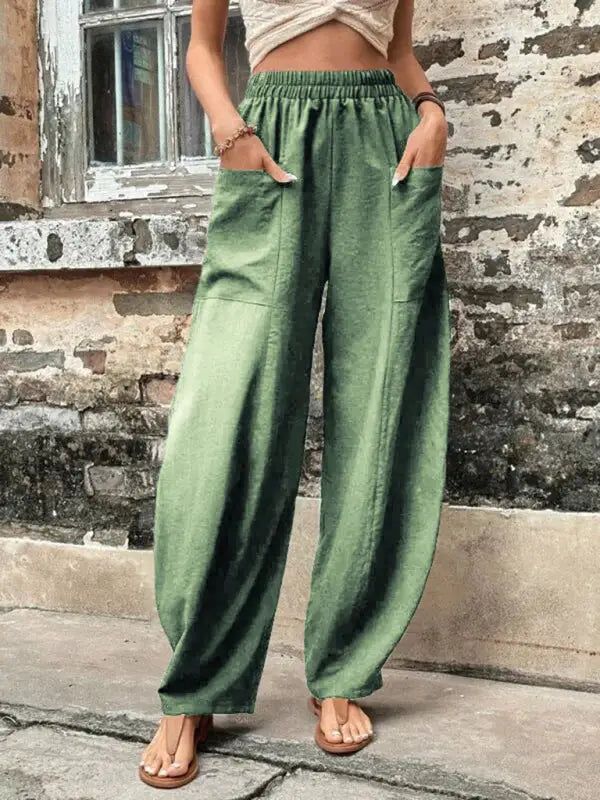 Barrel legs elastic pants trousers - green / s - leg