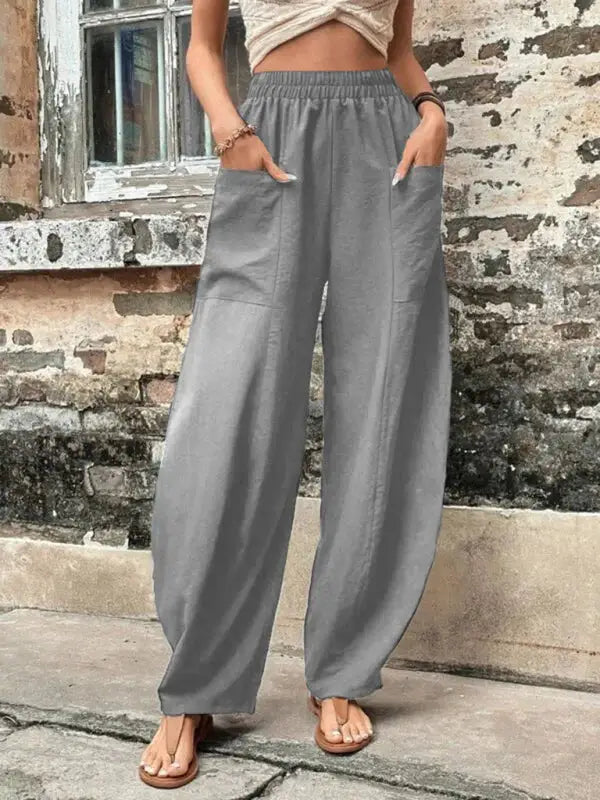 Barrel legs elastic pants trousers - grey / s - leg