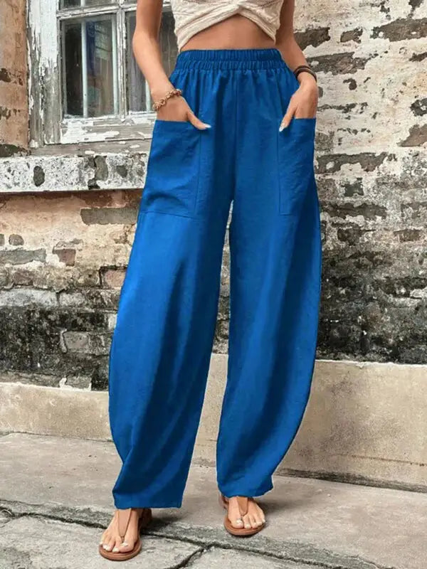Barrel legs elastic pants trousers - peacock blue / s - leg