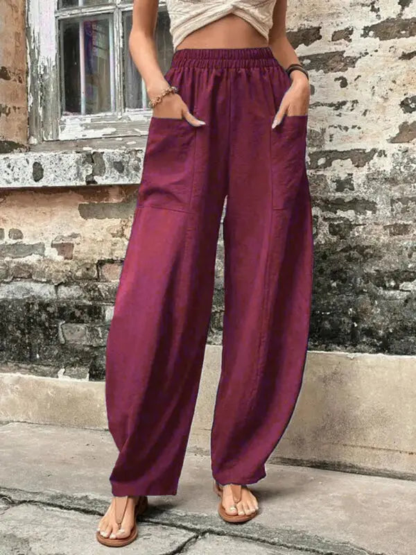 Barrel legs elastic pants trousers - wine red / s - leg