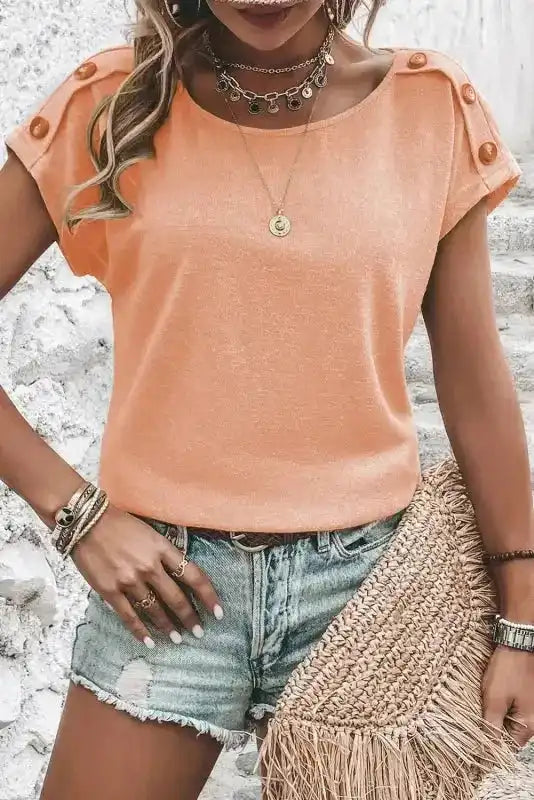 Side view of Apricot Pink Bat Sleeve Casual T-Shirt showing flowing bat sleeve construction and V-neckline — Fashionfitz