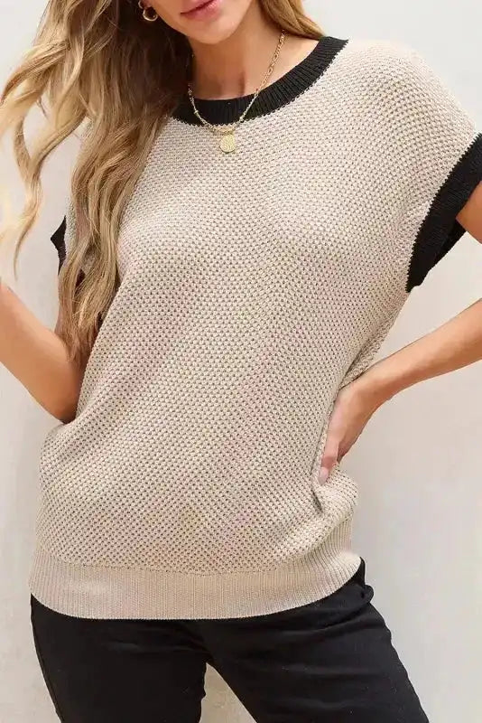 Batwing Sleeve Sweater Top - Light French Beige Contrast Trim - Fashionfitz