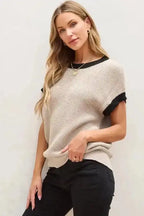 Batwing Sleeve Sweater Top - Light French Beige Contrast Trim - Fashionfitz