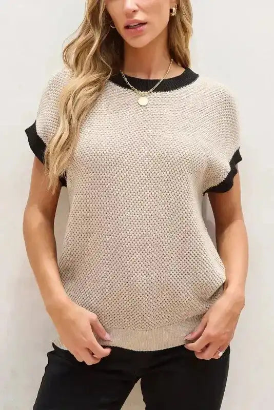 Light french beige contrast trim batwing sleeve knit sweater top front view — Fashionfitz UK