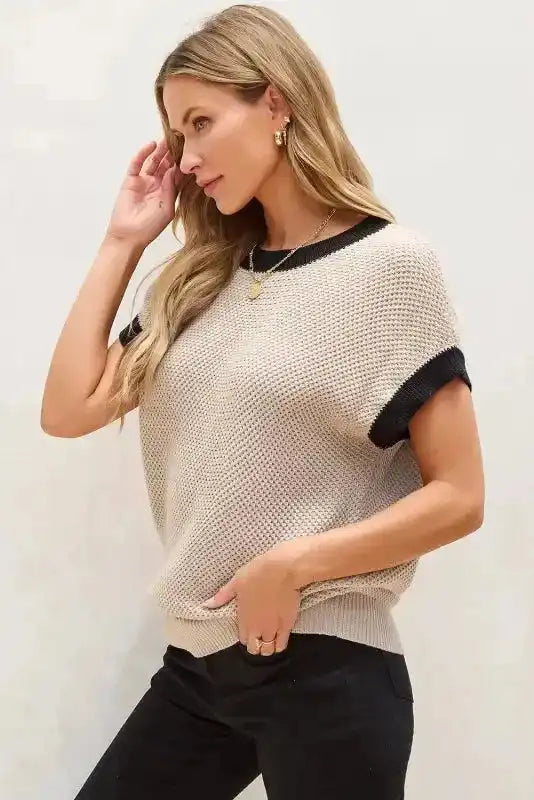Batwing Sleeve Sweater Top - Light French Beige Contrast Trim - Fashionfitz