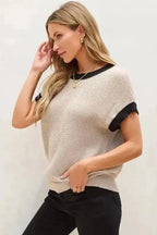 Batwing Sleeve Sweater Top - Light French Beige Contrast Trim - Fashionfitz