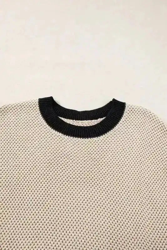 Batwing Sleeve Sweater Top - Light French Beige Contrast Trim - Fashionfitz