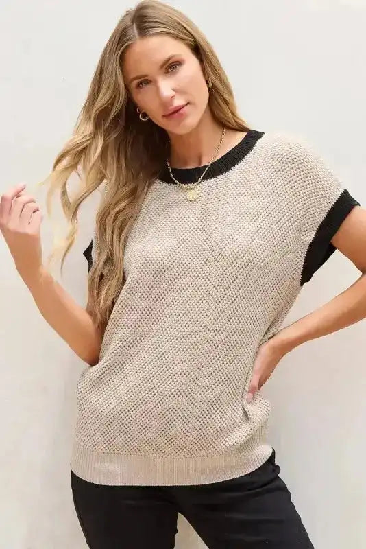 Batwing Sleeve Sweater Top - Light French Beige Contrast Trim - Fashionfitz