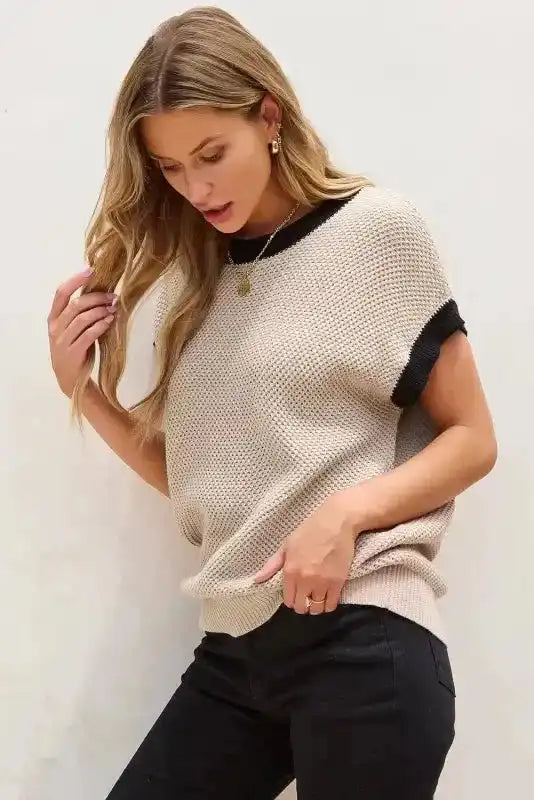 Batwing Sleeve Sweater Top - Light French Beige Contrast Trim - Fashionfitz